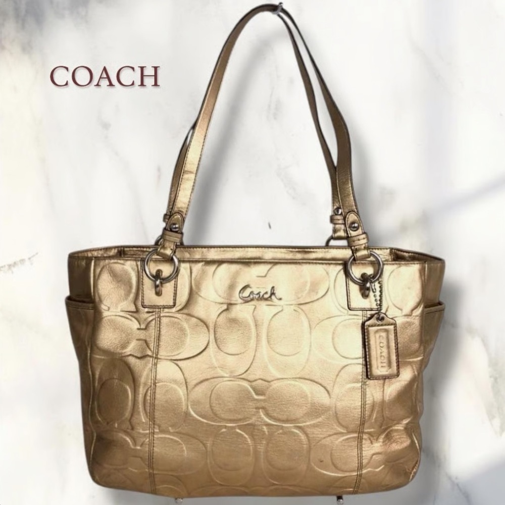 Coach Signature Embossed Metallic Gold Leather Tote Bag C1149-F17730